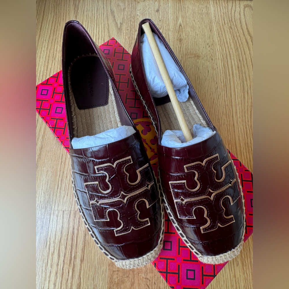 BNIB Tory Burch Ines Espadrille Soft Croc Embossed Calf Leather Plum Gold Sz 7